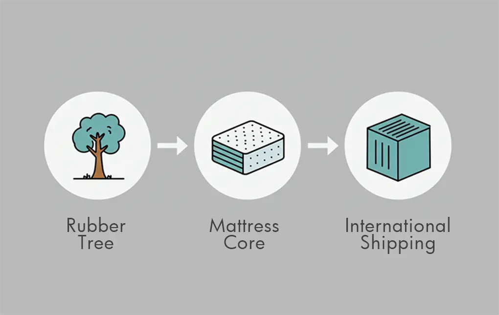 The supply chain of a natural latex mattress, showing the three-step process from rubber tree to mattress core to international shipping