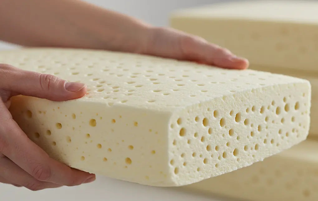 Hands holding breathable natural latex, highlighting its open cell structure for superior comfort in bedding.