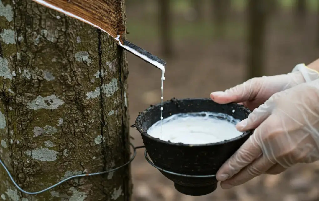 Gloved hands collect fresh, white natural latex dripping from a tapped rubber tree in a plantation, showcasing sustainable harvesting